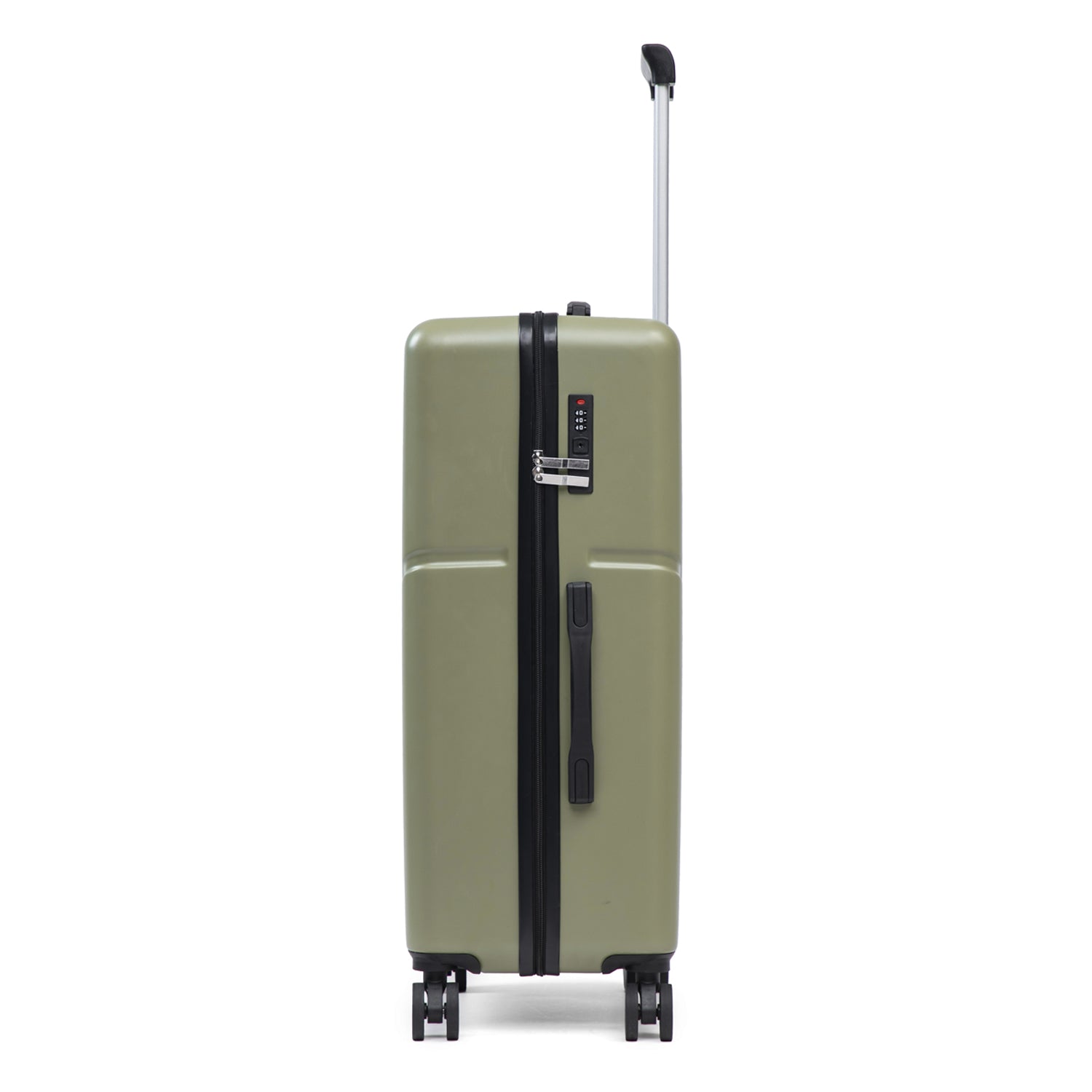 Sage green hard shell suitcase with wheels and extendable handle on a white background.