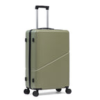 Sage green hard shell suitcase with wheels and extendable handle on a white background.
