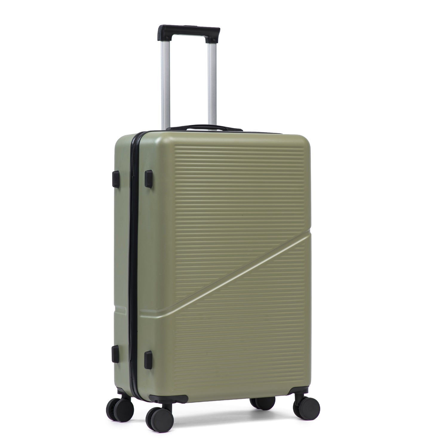 Sage green hard shell suitcase with wheels and extendable handle on a white background.