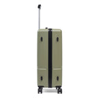Sage green hard shell suitcase with wheels and extendable handle on a white background.