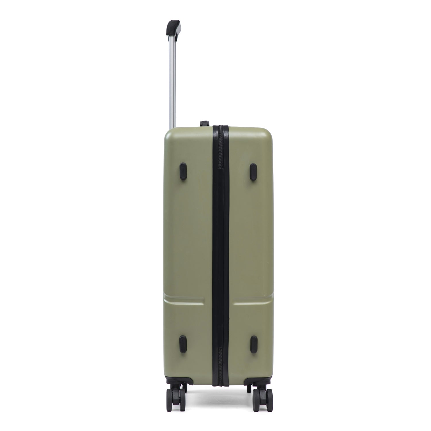 Sage green hard shell suitcase with wheels and extendable handle on a white background.