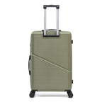 Sage green hard shell suitcase with wheels and extendable handle on a white background.