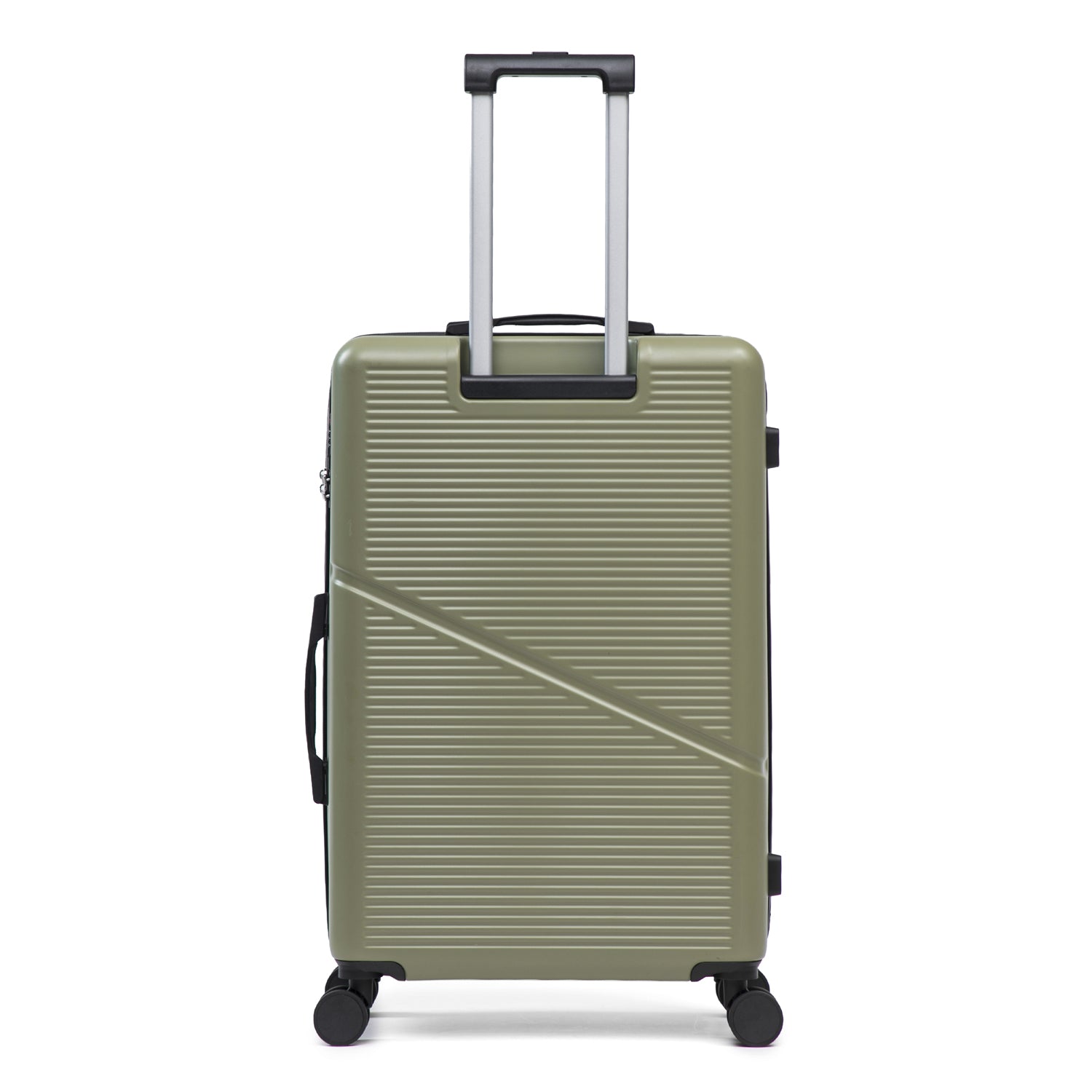 Sage green hard shell suitcase with wheels and extendable handle on a white background.