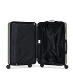 Sage green hard shell suitcase open with wheels and extendable handle on a white background.