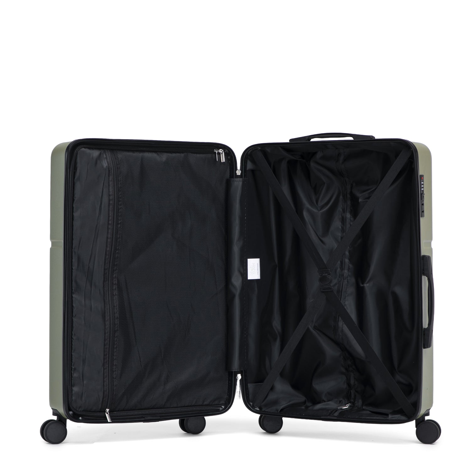 Sage green hard shell suitcase open with wheels and extendable handle on a white background.