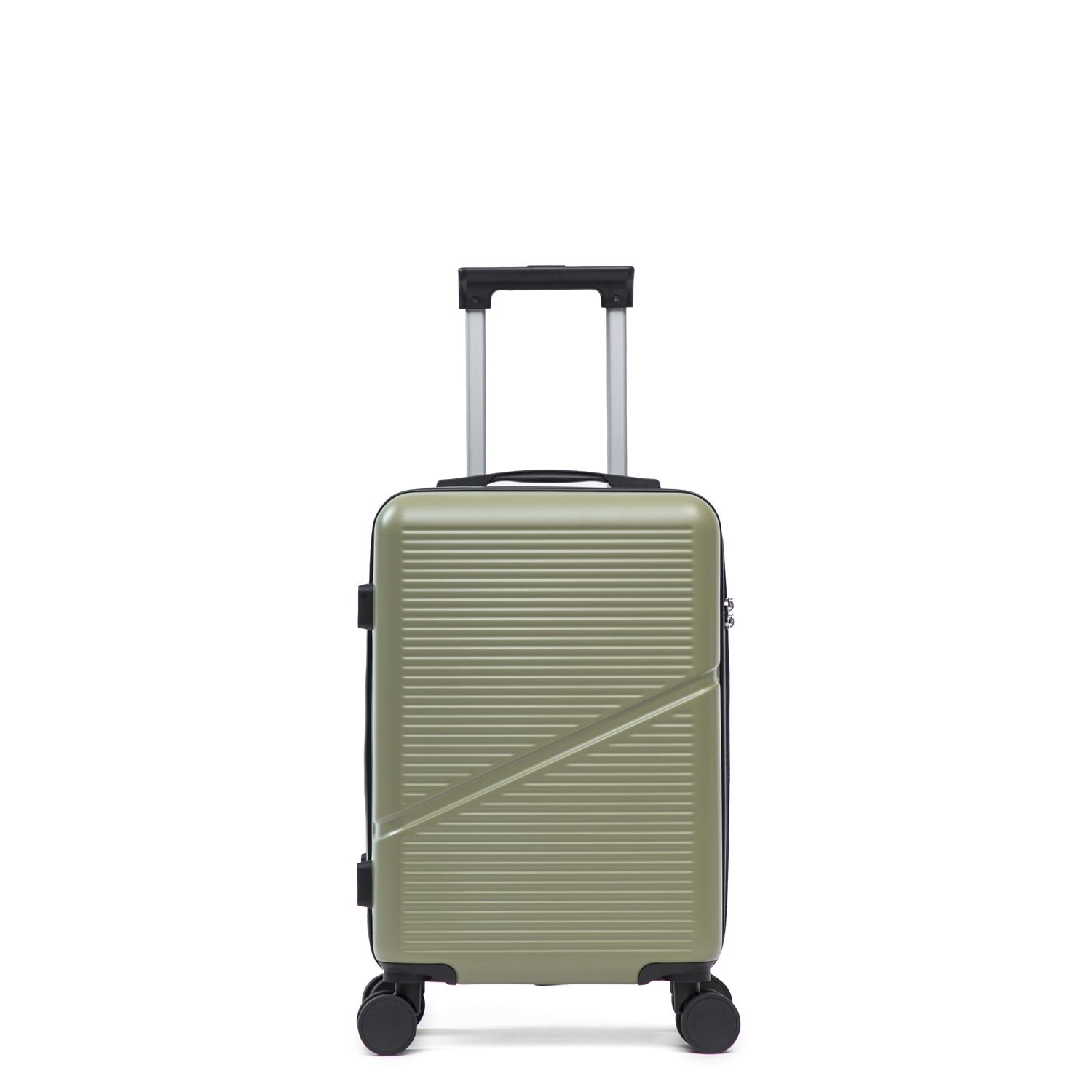 Small Sage green hard shell suitcase with wheels and extendable handle on a white background.