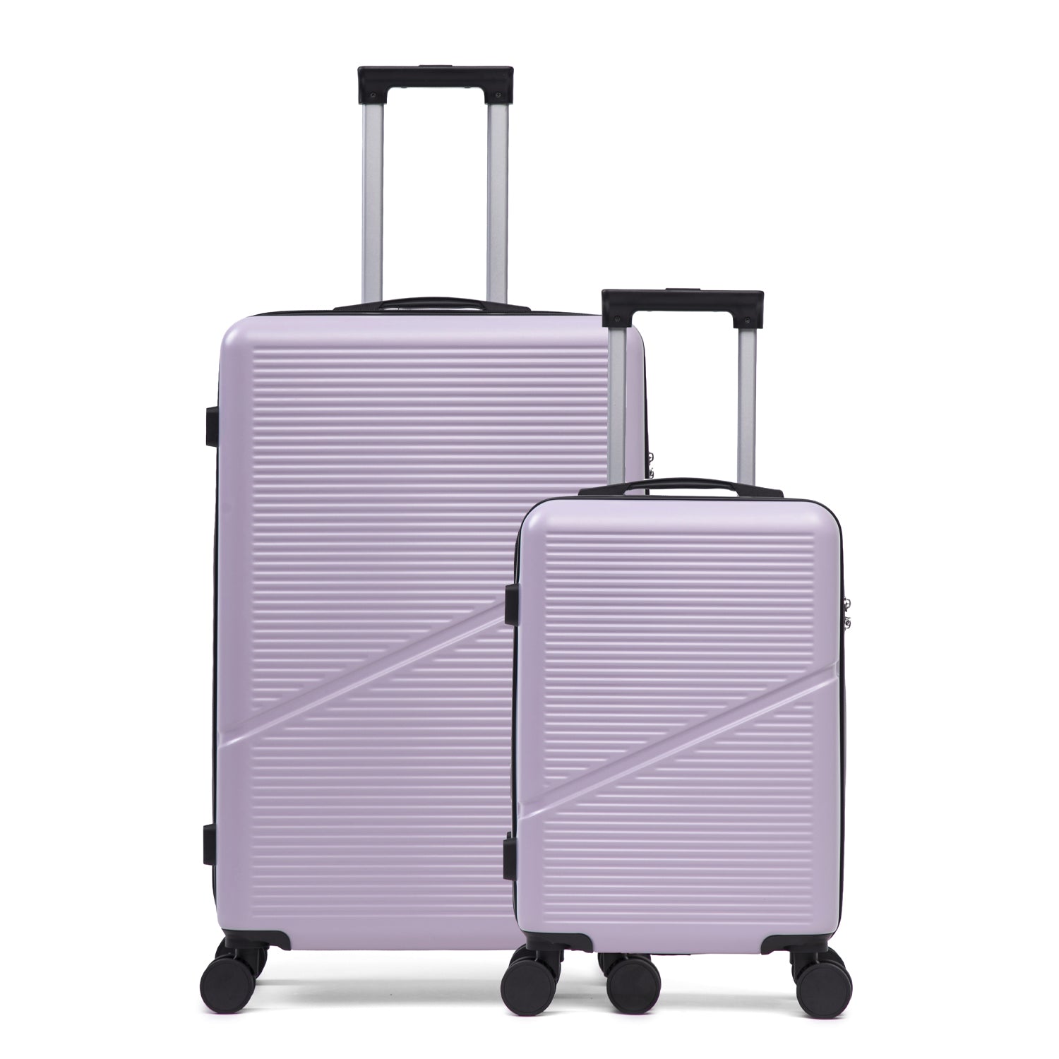 Lilac 2 piece luggage set with hard shell suitcases, wheels, and extendable handles on a white background.