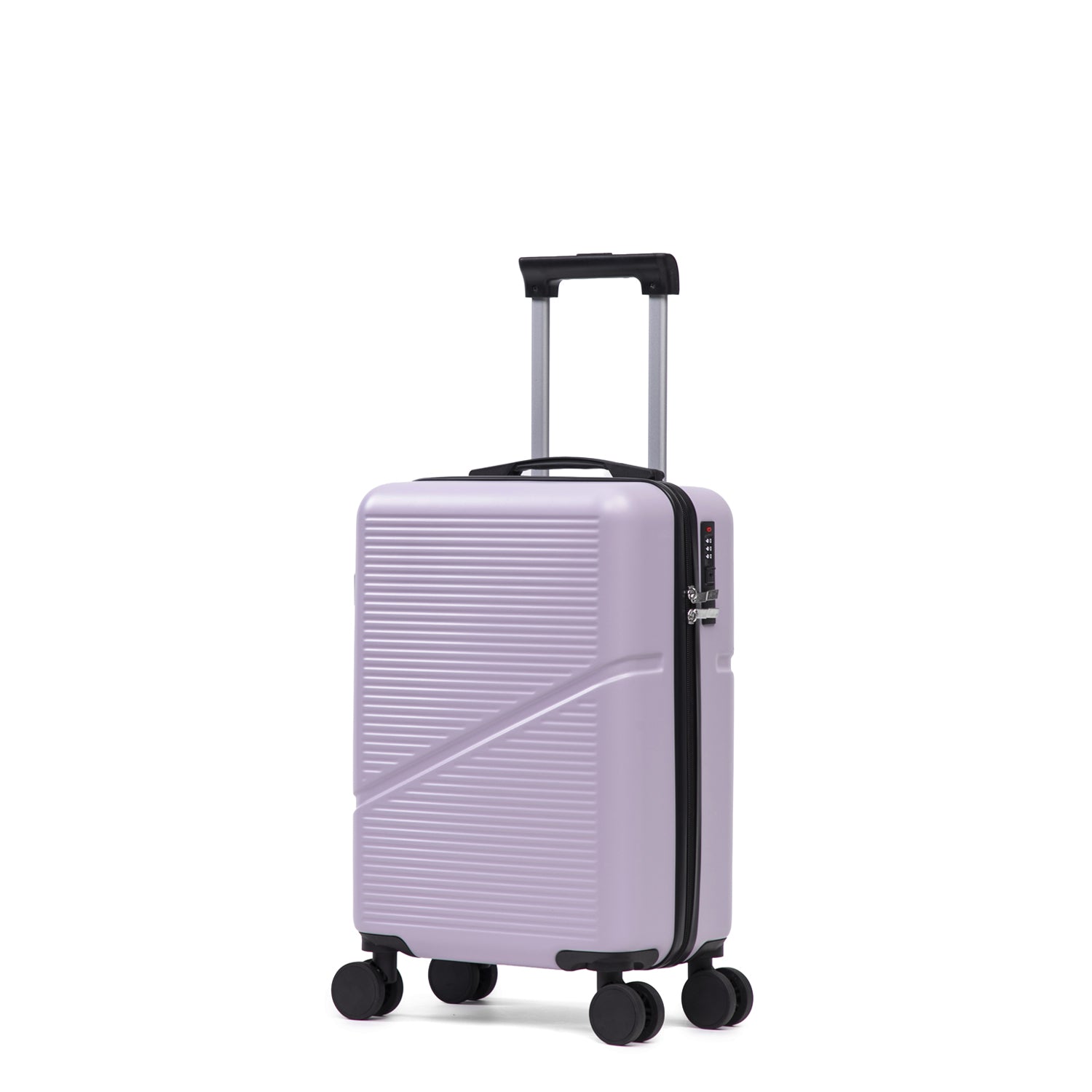 Small Lilac hard shell suitcase with wheels and extendable handle on a white background.