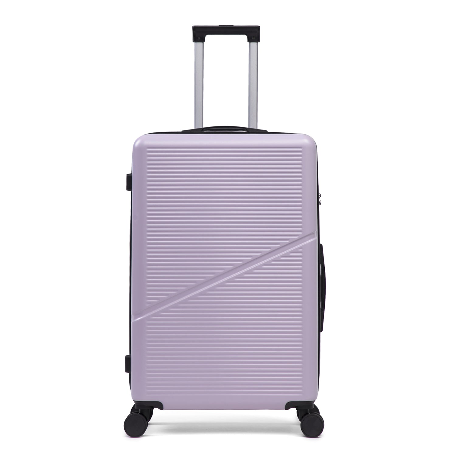 Lilac hard shell suitcase with wheels and extendable handle on a white background.