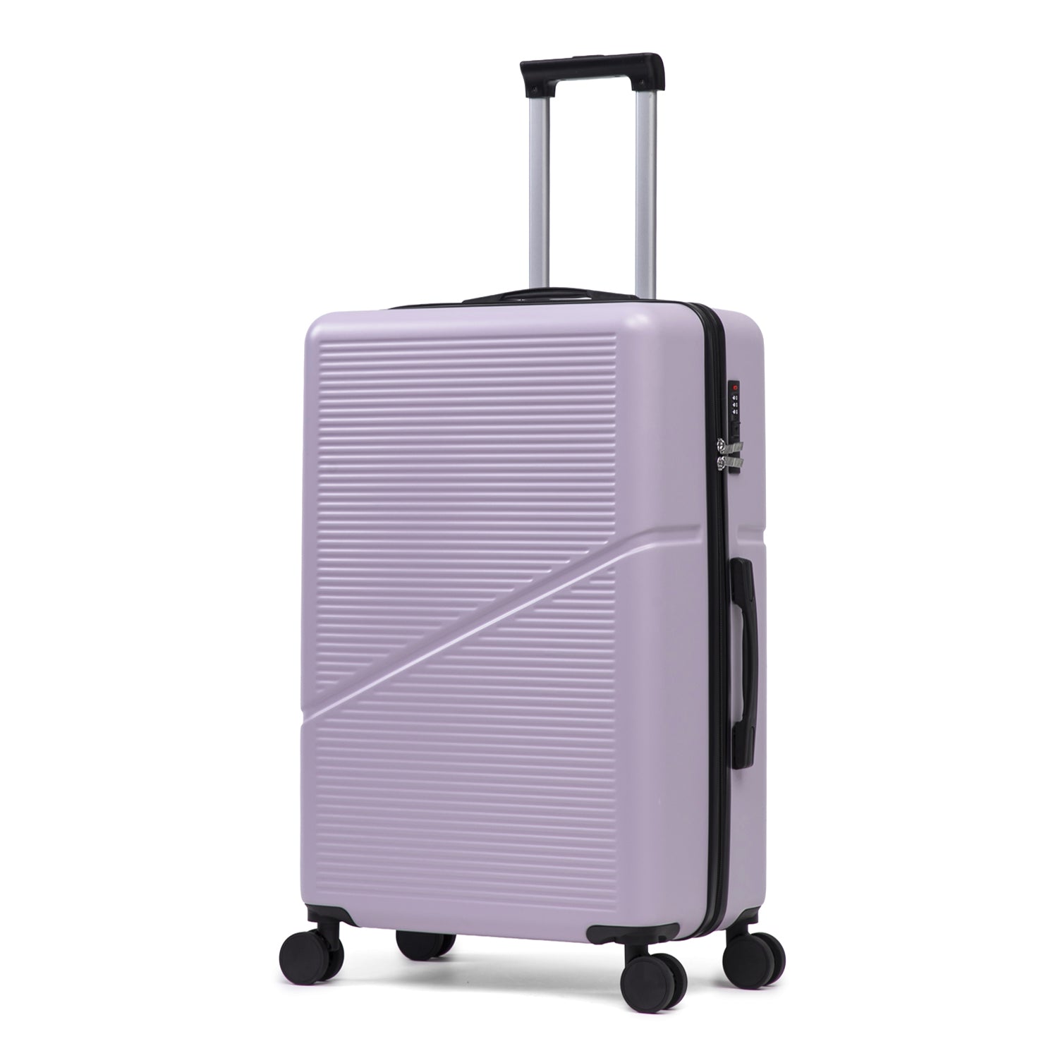 Lilac hard shell suitcase with wheels and extendable handle on a white background.