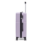 Lilac hard shell suitcase with wheels and extendable handle on a white background.