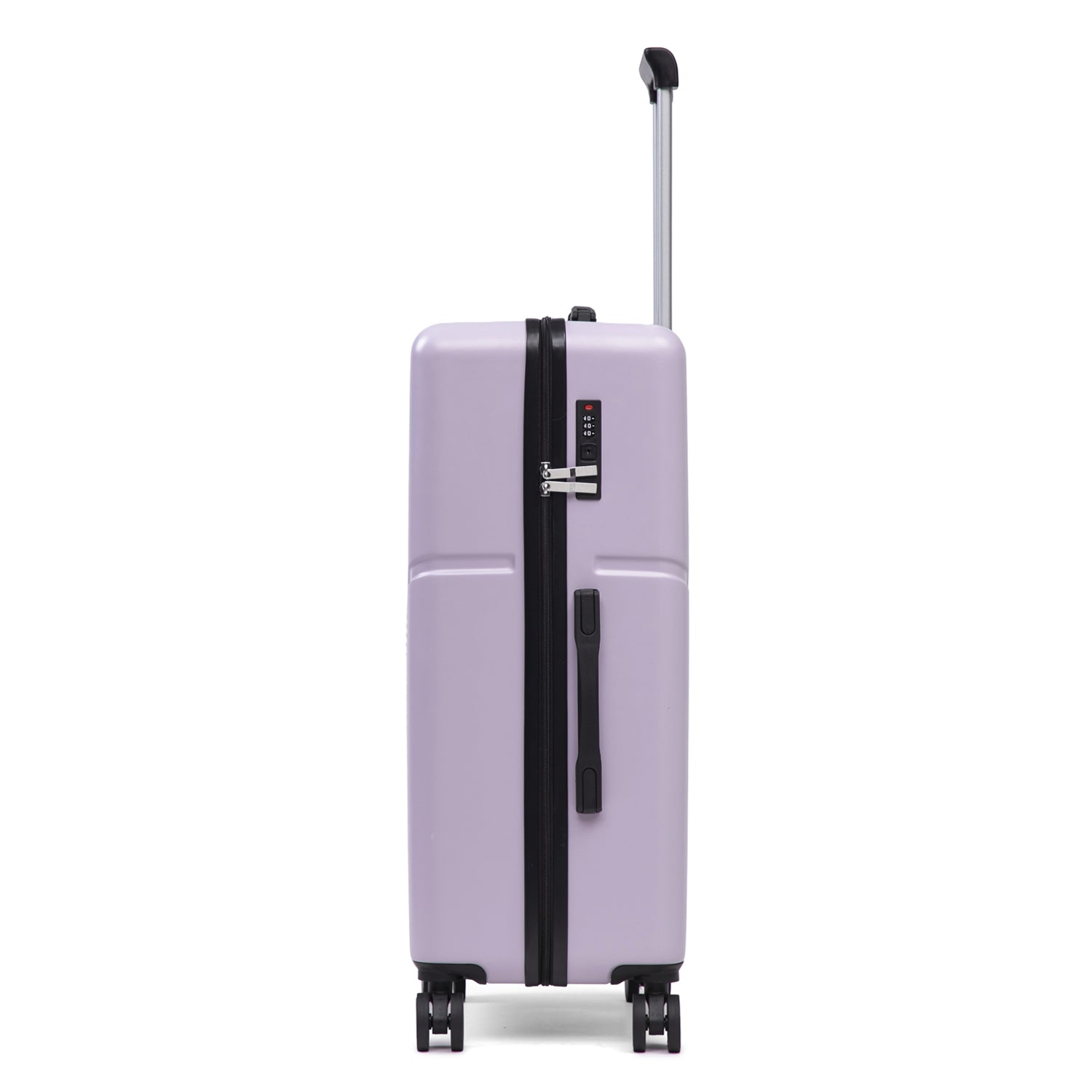 Lilac hard shell suitcase with wheels and extendable handle on a white background.
