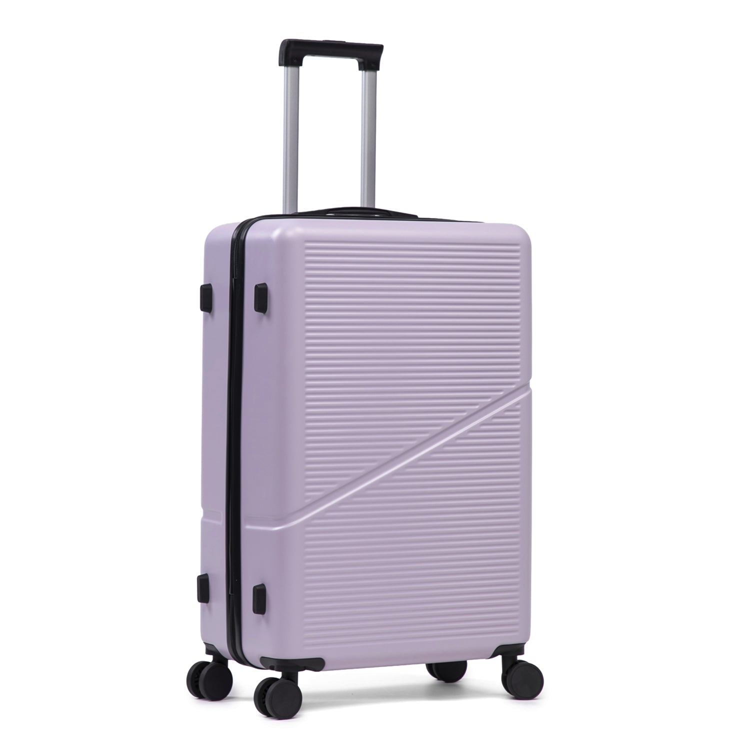 Lilac hard shell suitcase with wheels and extendable handle on a white background.