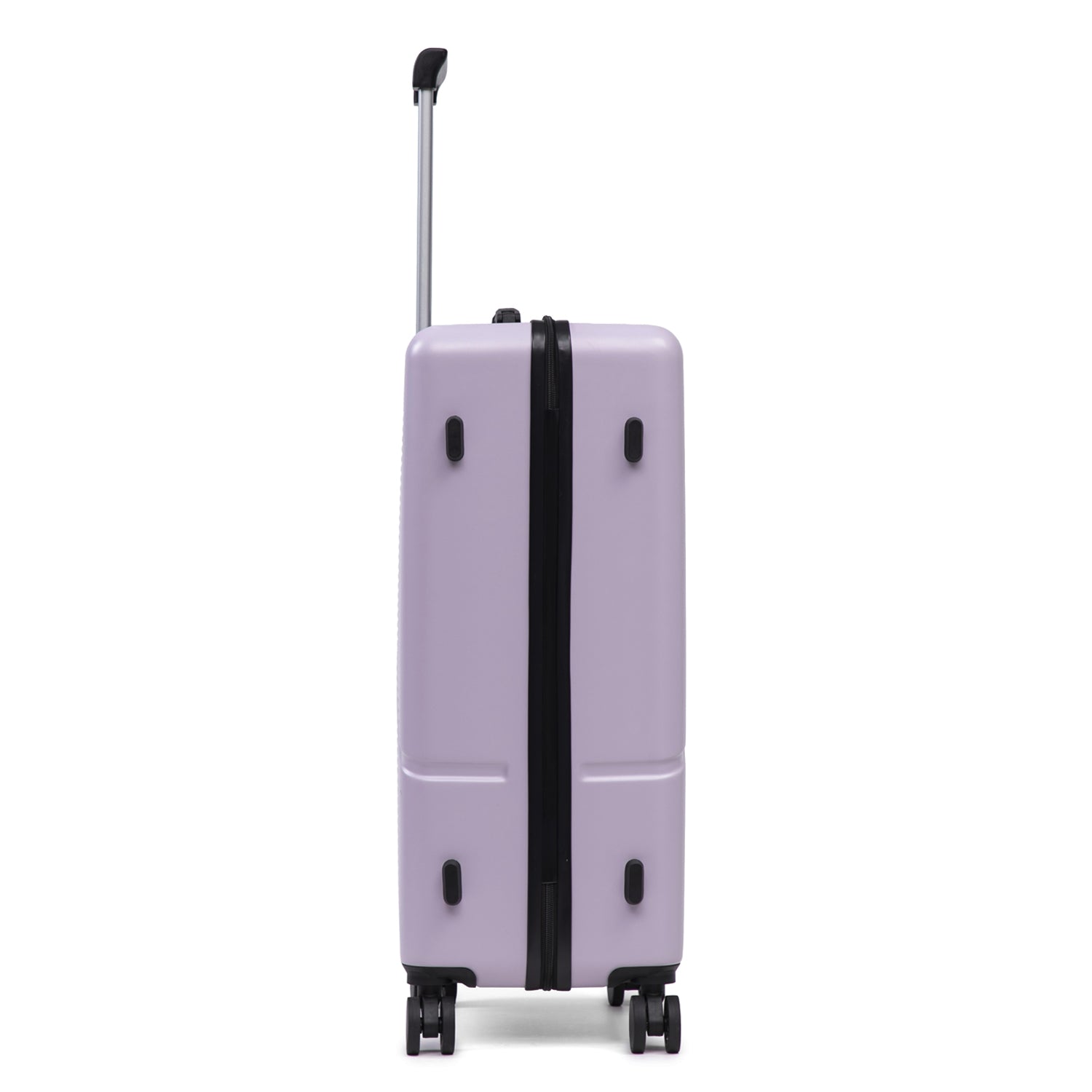 Lilac hard shell suitcase with wheels and extendable handle on a white background.