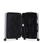 Lilac hard shell suitcase open with wheels and extendable handle on a white background.