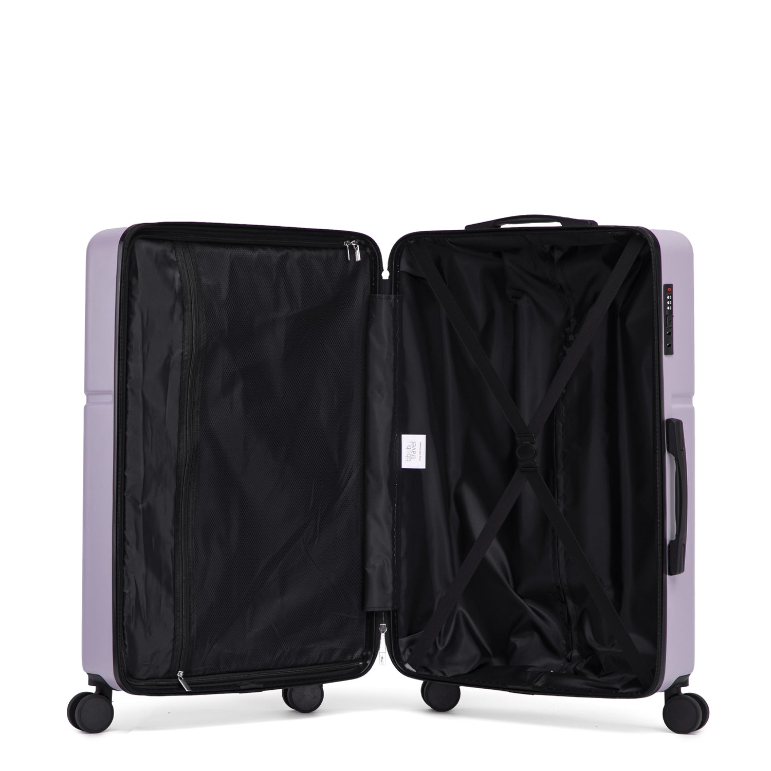 Lilac hard shell suitcase open with wheels and extendable handle on a white background.