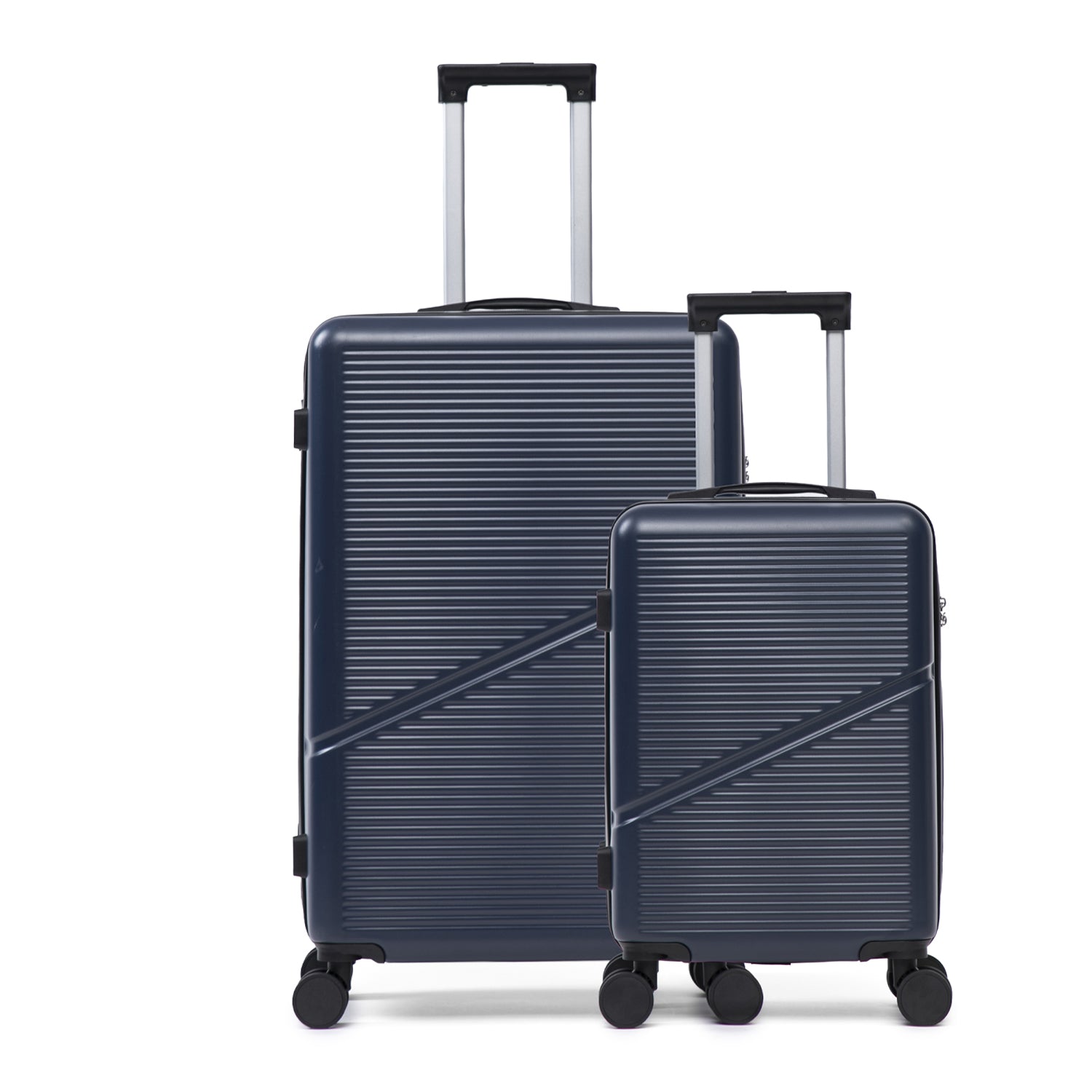 Navy 2 piece luggage set with hard shell suitcases, wheels, and extendable handles on a white background.