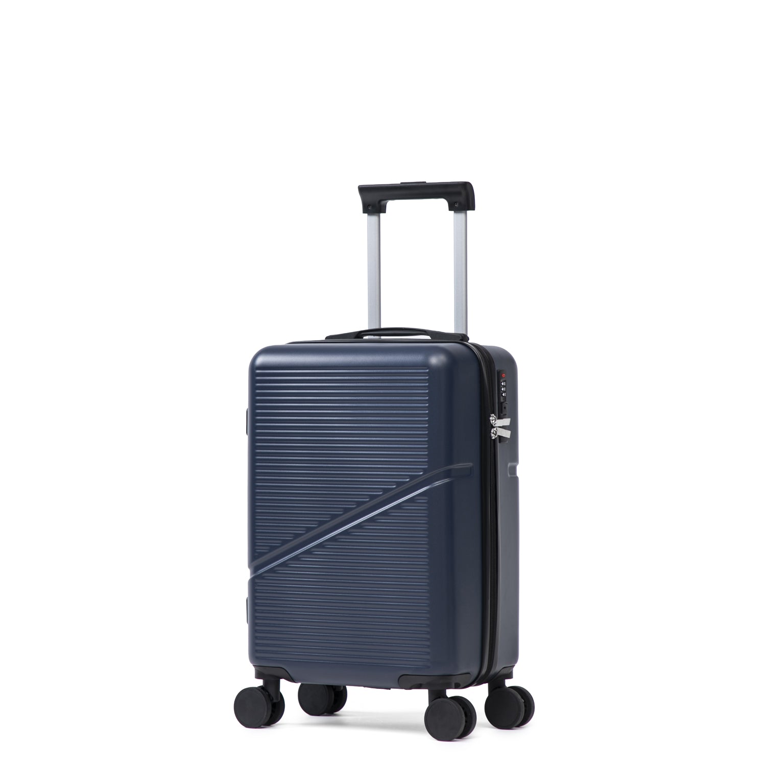 Small Navy hard shell suitcase with wheels and extendable handle on a white background.