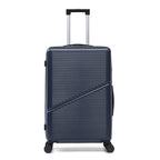 Navy hard shell suitcase with wheels and extendable handle on a white background.