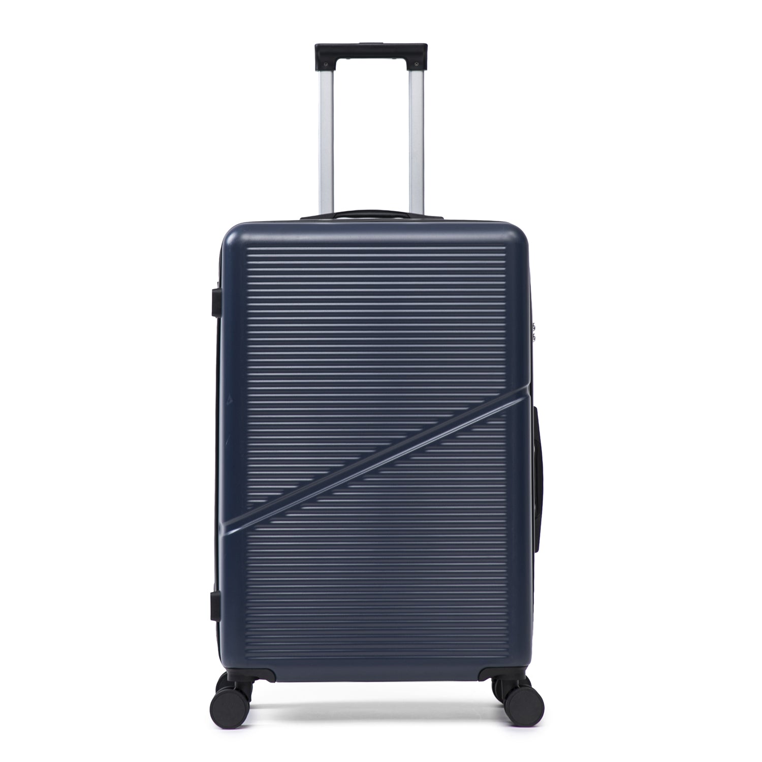 Navy hard shell suitcase with wheels and extendable handle on a white background.