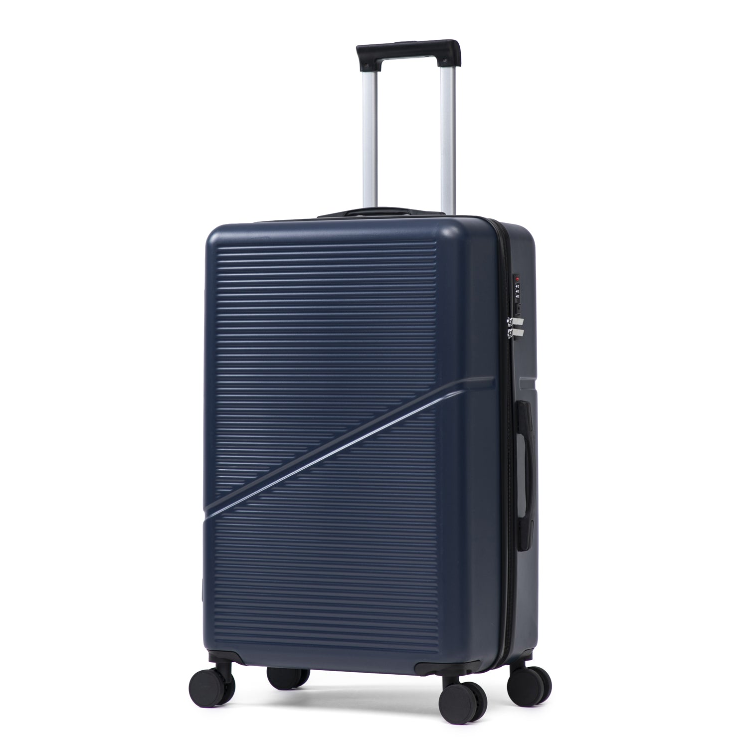 Navy hard shell suitcase with wheels and extendable handle on a white background.