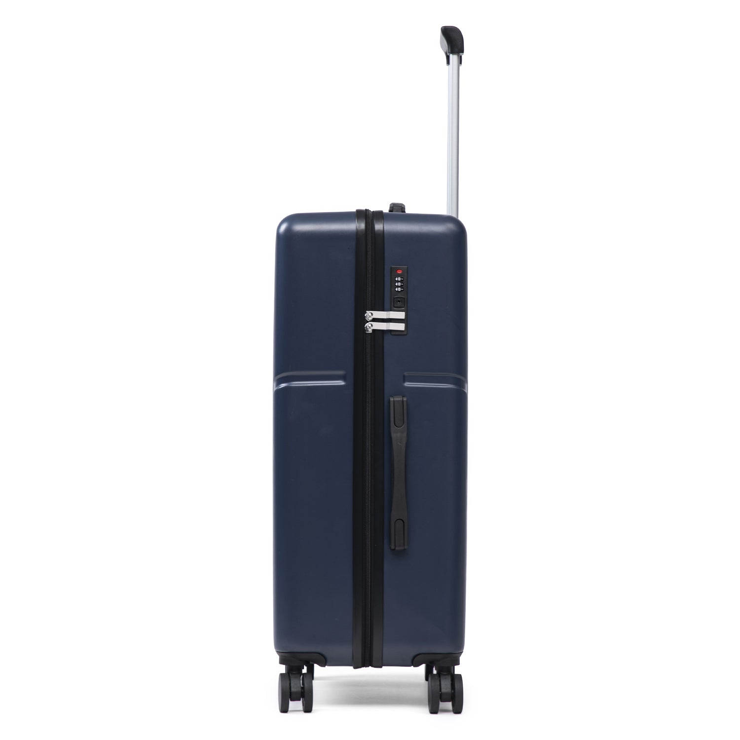 Navy hard shell suitcase with wheels and extendable handle on a white background.