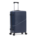 Navy hard shell suitcase with wheels and extendable handle on a white background.