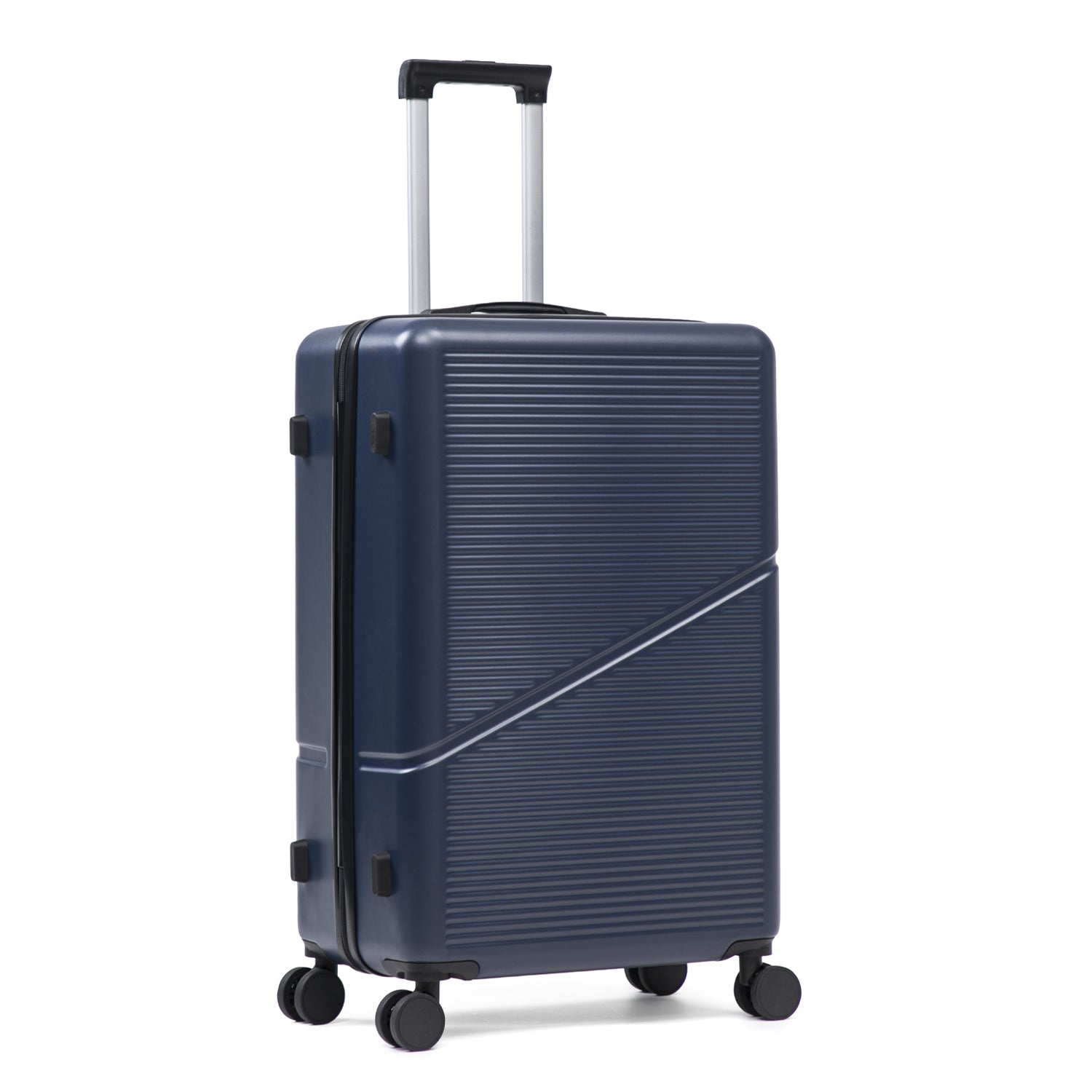 Navy hard shell suitcase with wheels and extendable handle on a white background.