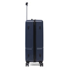 Navy hard shell suitcase with wheels and extendable handle on a white background.