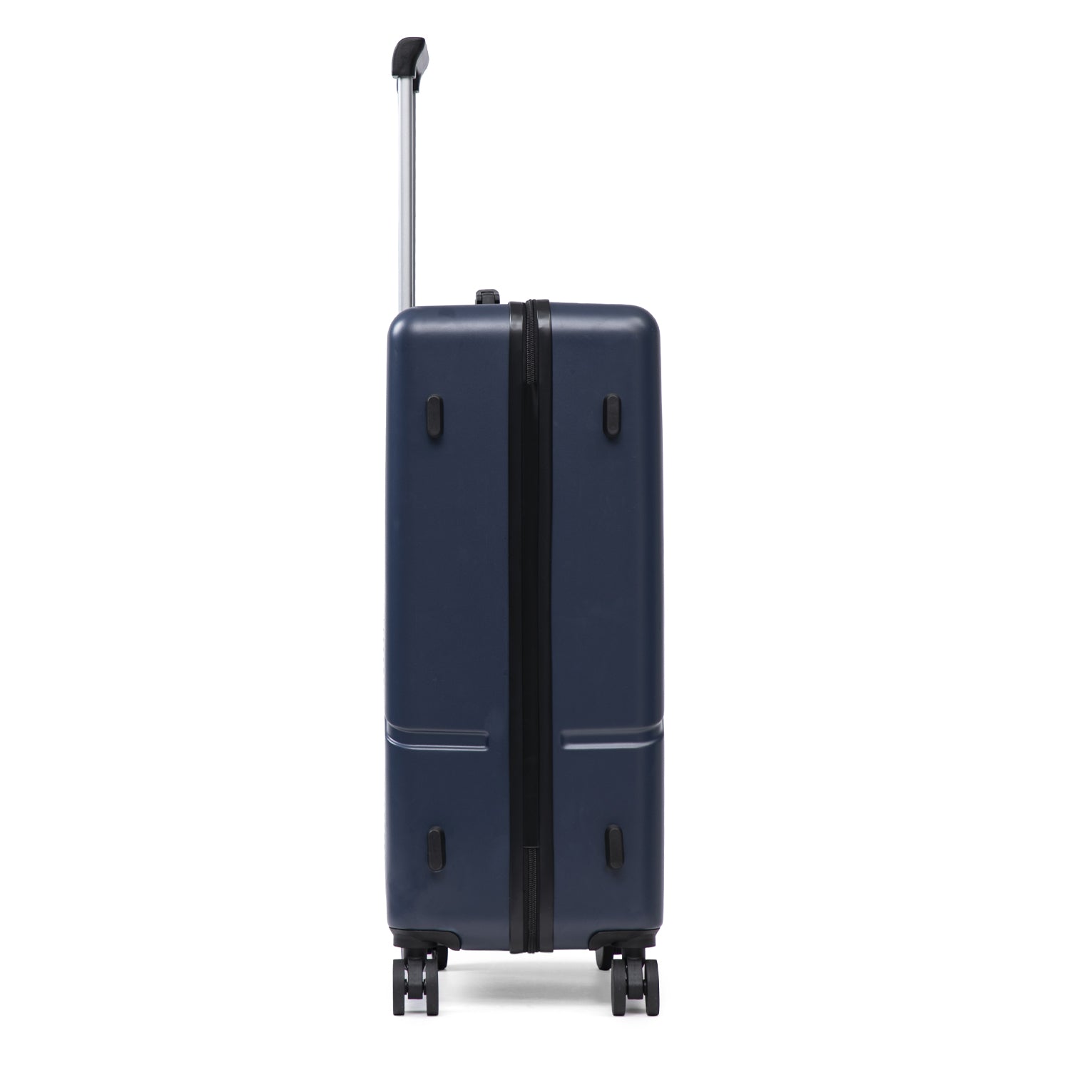 Navy hard shell suitcase with wheels and extendable handle on a white background.