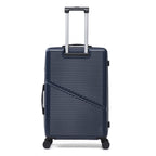 Navy hard shell suitcase with wheels and extendable handle on a white background.