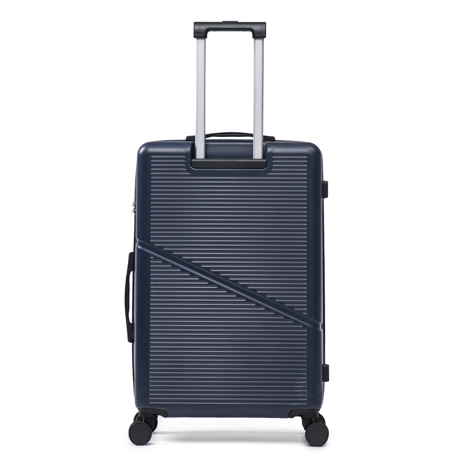 Navy hard shell suitcase with wheels and extendable handle on a white background.