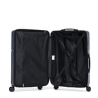 Navy hard shell suitcase open with wheels and extendable handle on a white background.