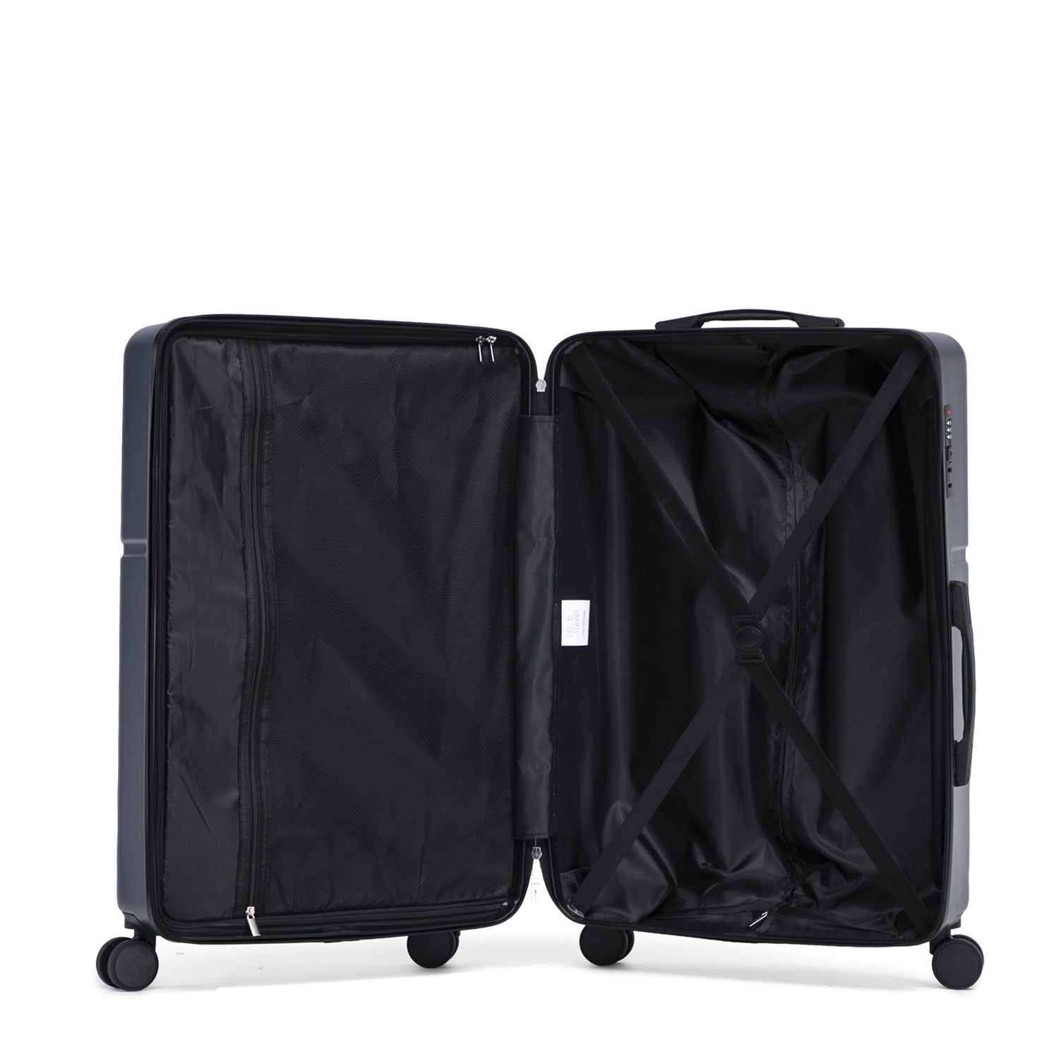 Navy hard shell suitcase open with wheels and extendable handle on a white background.