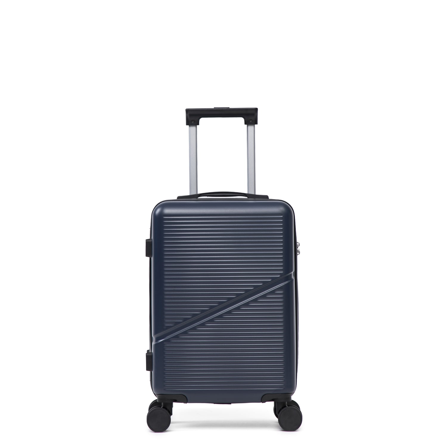 Small Navy hard shell suitcase with wheels and extendable handle on a white background.