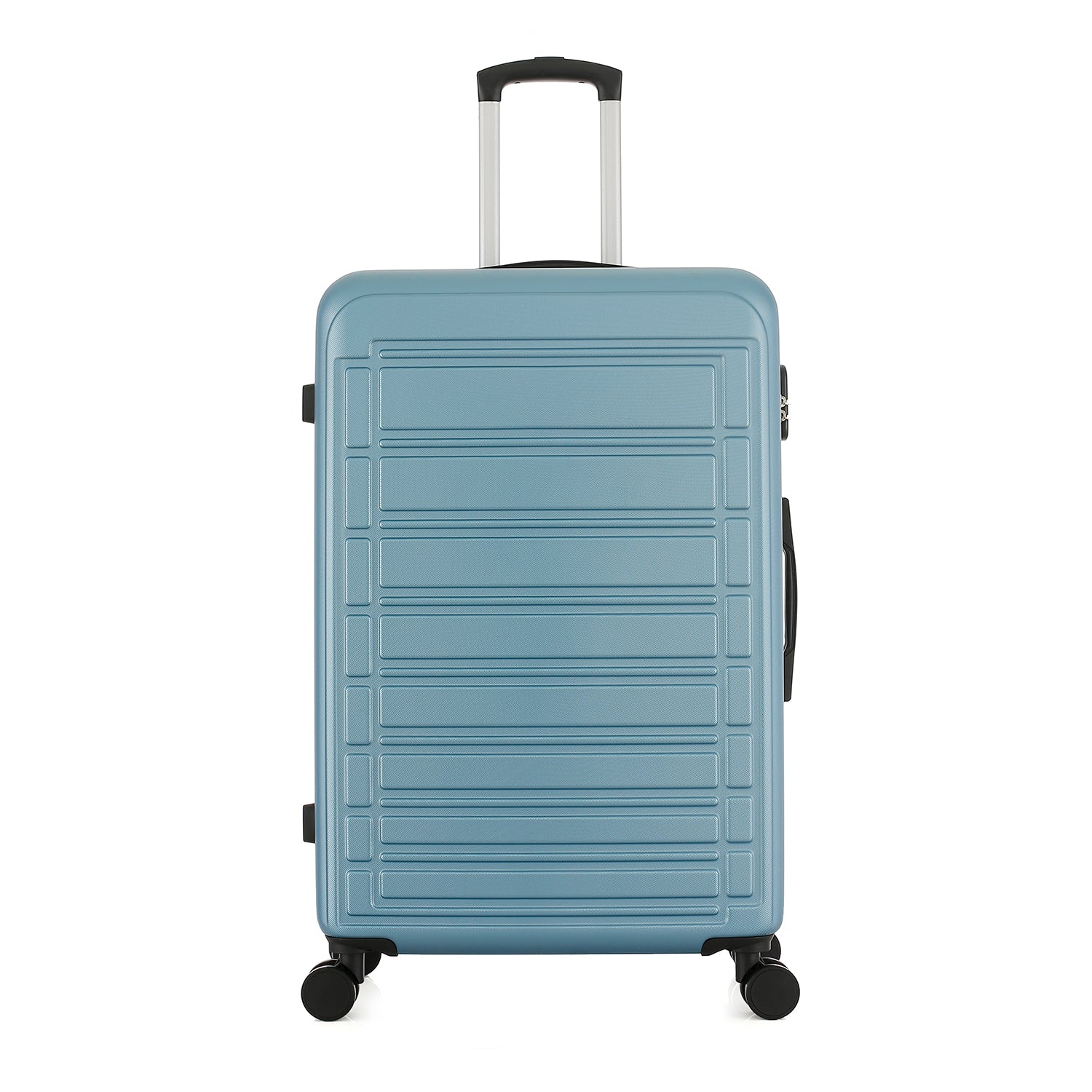 bb&b Travel Aspen Large Suitcase in blue, front view with textured hard-shell design, telescopic handle and spinner wheels.