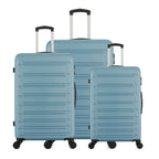 bb&b Travel Aspen Suitcase range in blue, showing small, medium and large hard-shell suitcases with telescopic handles and spinner wheels.