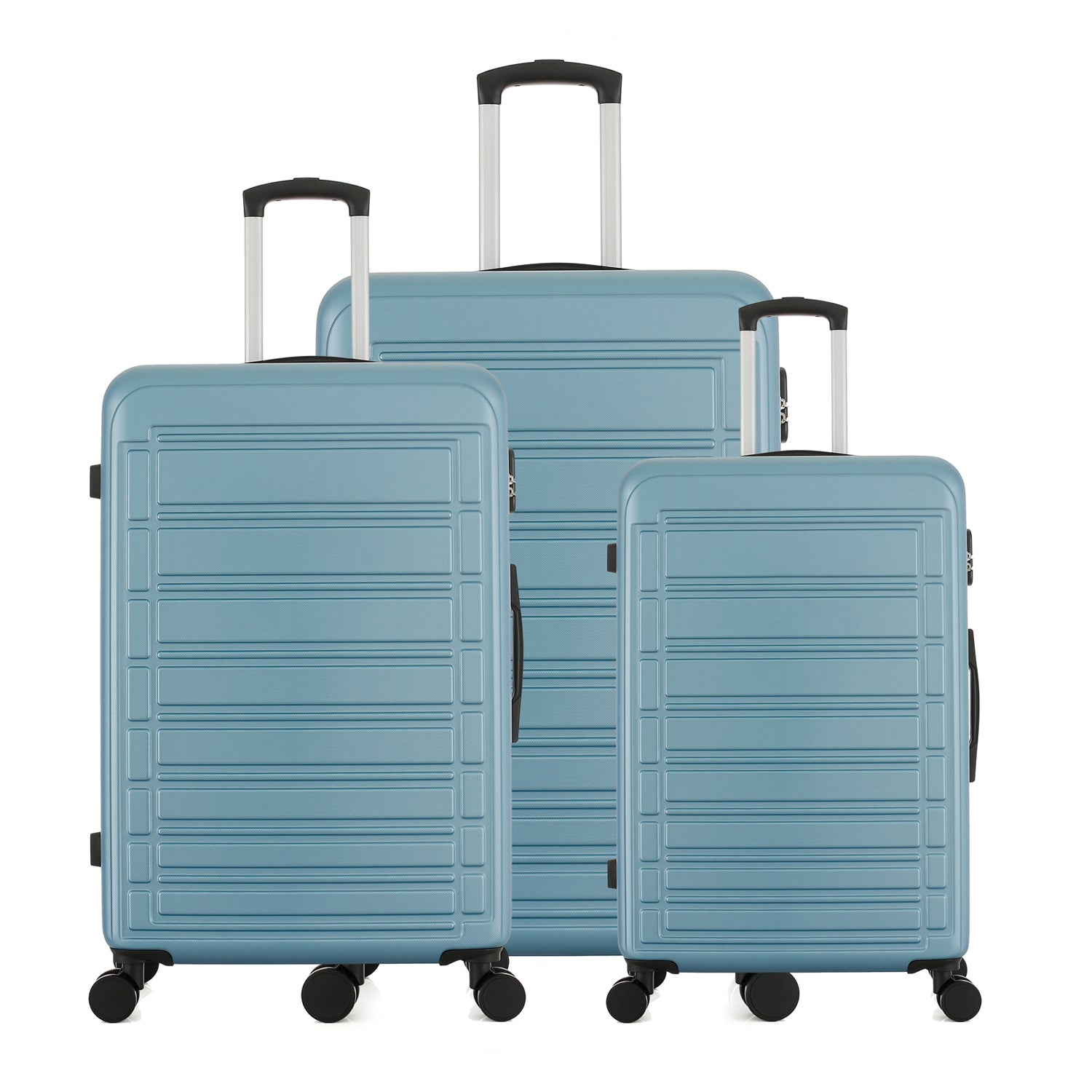 bb&b Travel Aspen Suitcase range in blue, showing small, medium and large hard-shell suitcases with telescopic handles and spinner wheels.