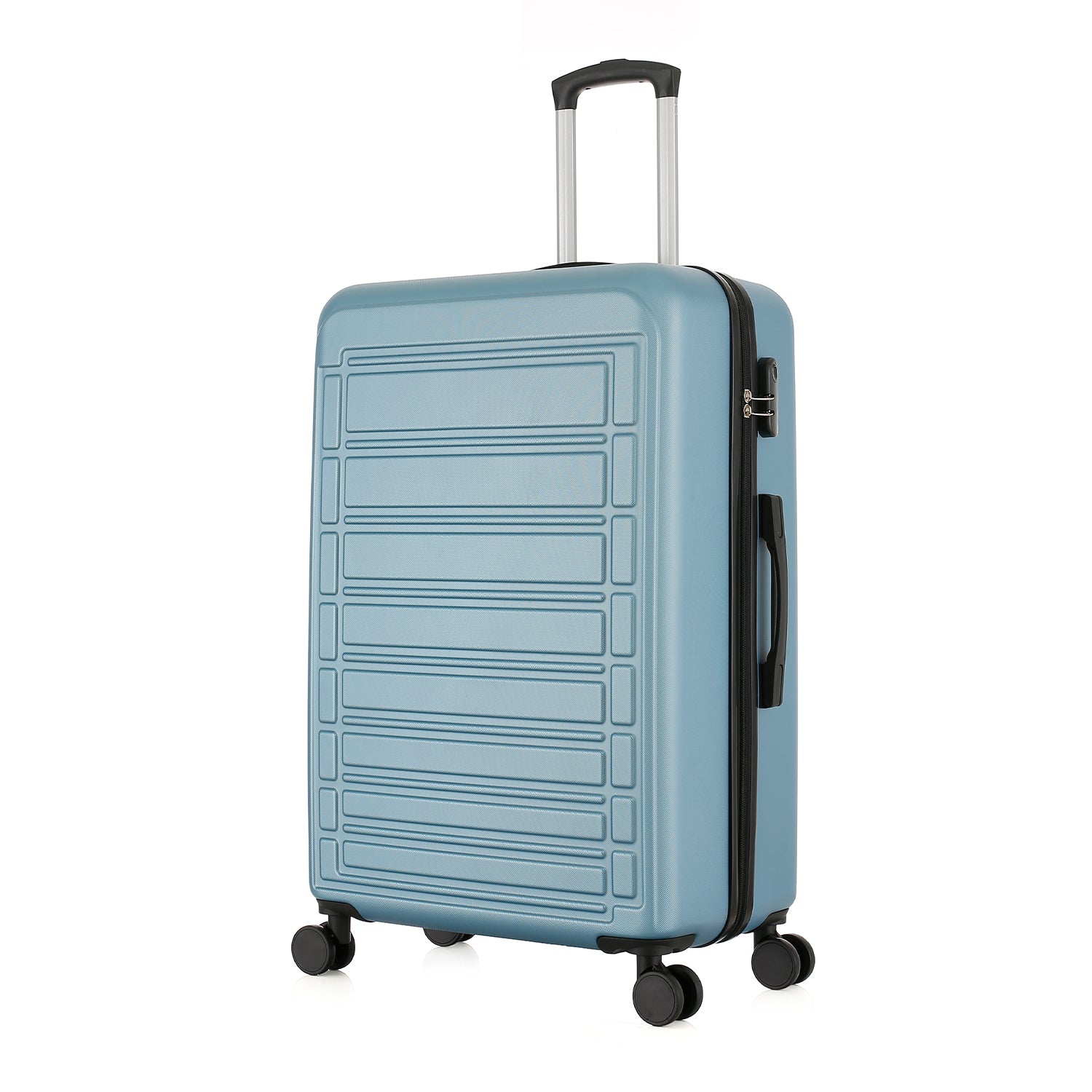 bb&b Travel Aspen Large Suitcase in blue, angled front view showing the hard-shell exterior, side handle, combination lock and spinner wheels.