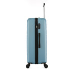 bb&b Travel Aspen Large Suitcase in blue, side view showing the zip closure, combination lock, side carry handle and extended telescopic handle.
