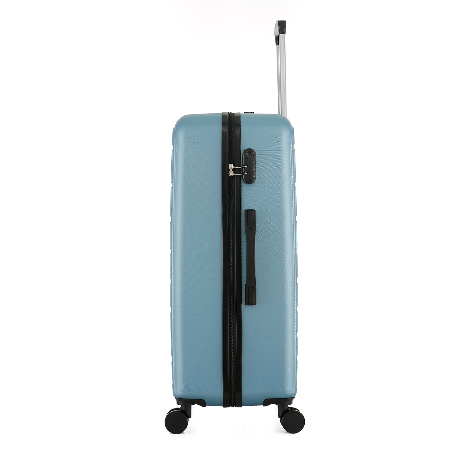 bb&b Travel Aspen Large Suitcase in blue, side view showing the zip closure, combination lock, side carry handle and extended telescopic handle.