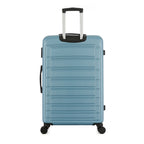bb&b Travel Aspen Large Suitcase in blue, rear view with telescopic handle, hard-shell exterior and spinner wheels.
