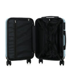 bb&b Travel Aspen Large Suitcase in blue, opened to show the black lined interior with mesh zip compartment and adjustable packing straps.