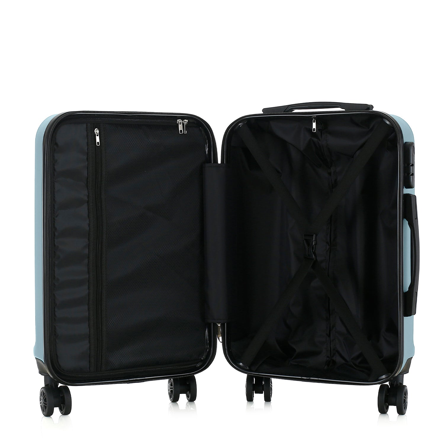 bb&b Travel Aspen Large Suitcase in blue, opened to show the black lined interior with mesh zip compartment and adjustable packing straps.