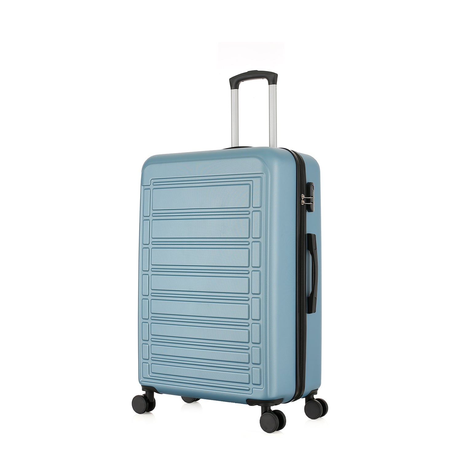 bb&b Travel Aspen Medium Suitcase in blue, angled front view showing the side handle, combination lock and spinner wheels.