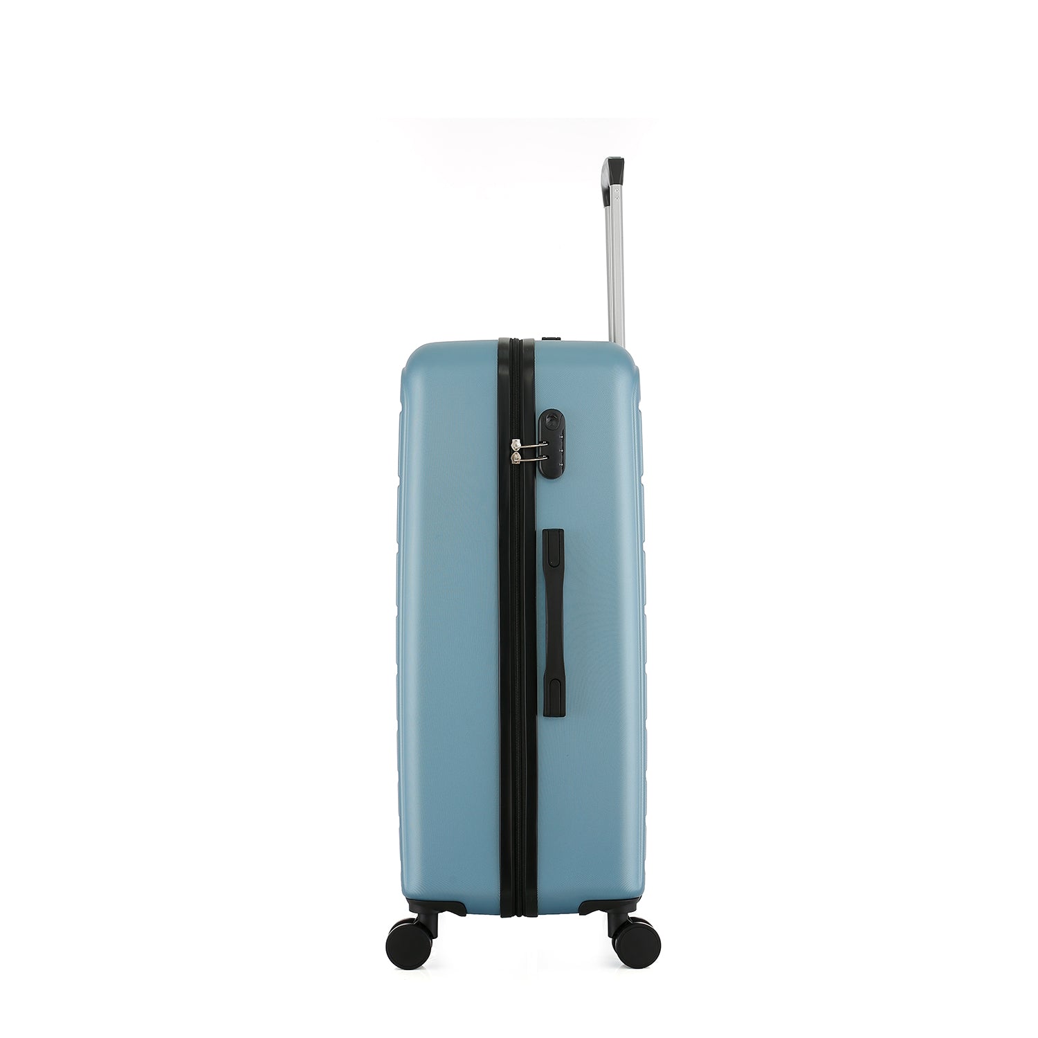bb&b Travel Aspen Medium Suitcase in blue, side view showing the zip closure, combination lock, carry handle and extended telescopic handle.