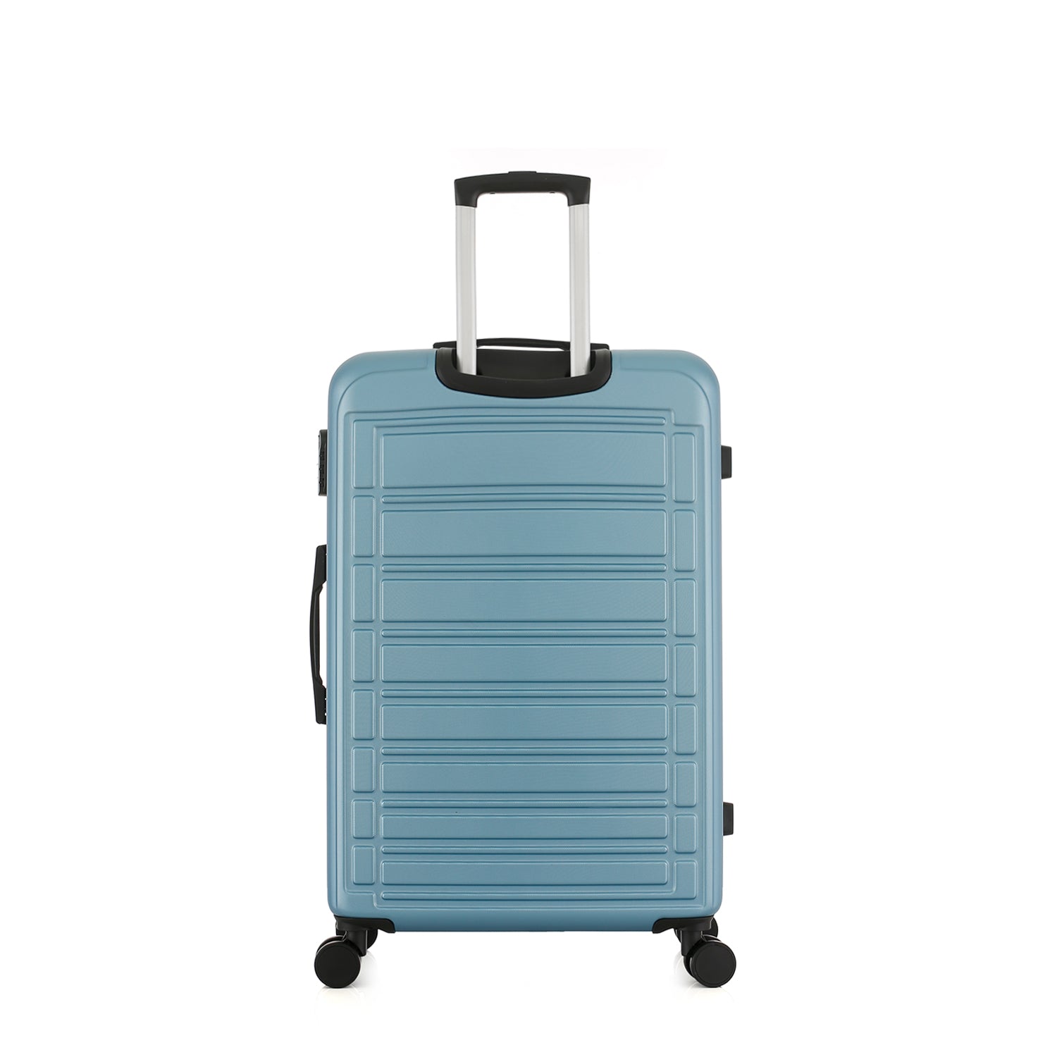 bb&b Travel Aspen Medium Suitcase in blue, rear view with telescopic handle and four spinner wheels.