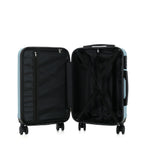 bb&b Travel Aspen Medium Suitcase in blue, opened to show the black lined interior with mesh zip compartment and adjustable packing straps.