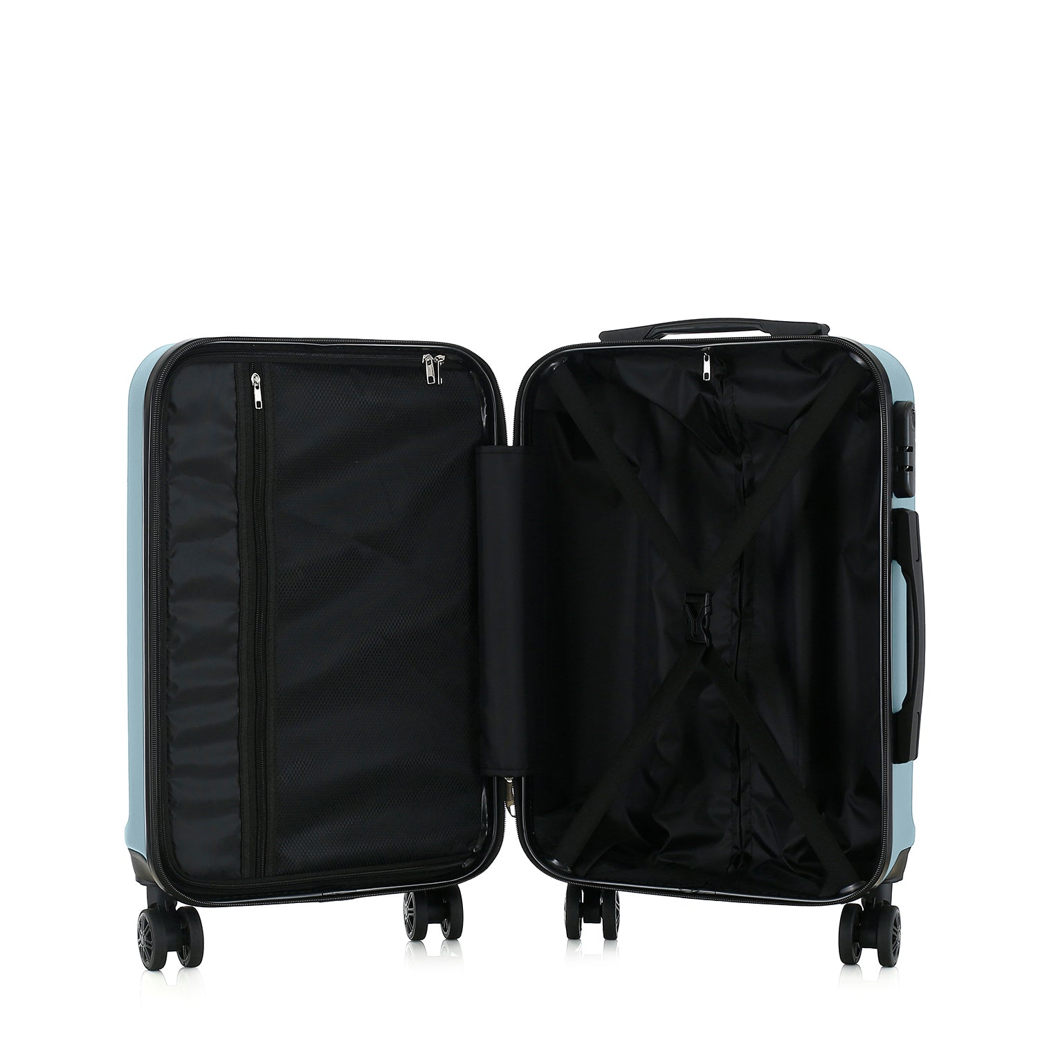 bb&b Travel Aspen Medium Suitcase in blue, opened to show the black lined interior with mesh zip compartment and adjustable packing straps.