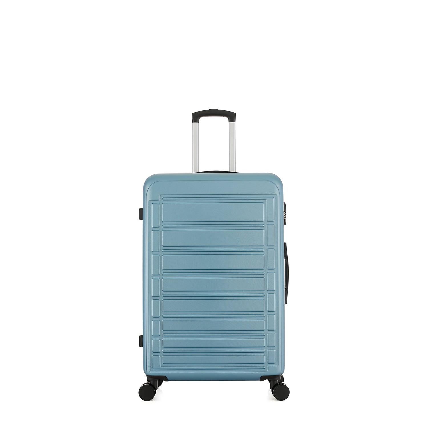 bb&b Travel Aspen Small Suitcase in blue, front view with textured hard-shell design, telescopic handle and spinner wheels.